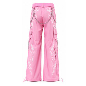 Pantalon cargo rose à jambes larges avec décorations en chaîne, imprimé par sublimation, taille haute, style streetwear pour homme, été, respirant, polyester - Product Image 3
