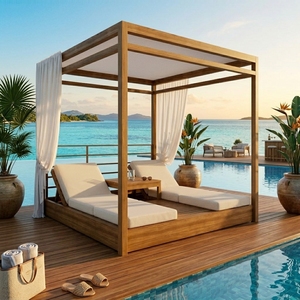 Lit de repos d'extérieur en bois moderne, chaise longue double avec coussins et rideaux pour piscine, villa, complexe hôtelier, patio, projets de jardin - Product Image 4