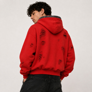 Wholesale Custom Flame Graphic <b>Hoodie</b> Men Oversized <b>Red</b> Vintage Streetwear Full Zip Distressed Hooded Jacket OEM Supplier - Product Image 6