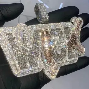 Pendentif personnalisé en argent sterling plaqué or avec lettre, serti de moissanite véritable ronde de 7 carats, style hip-hop, cadeau pour femme - Product Image 3