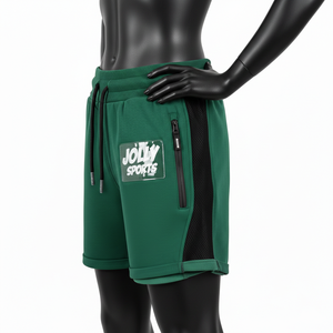 Shorts en molleton doux de coton et polyester pour femme, couleur verte, avec empiècements en mesh contrastant, poche zippée, logo personnalisé. - Product Image 2