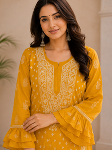 Premium Mustard Georgette Chikankari Embroidered Women's <b>Kurti</b> with Bell Sleeves - Traditional Casual Wear And Festive Wear - Product Image 4