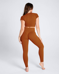 Solid Breathable Sports V-Neck <b>Crop</b> <b>Top</b> T-Shirt & High Waist Bum Lift Leggings Yoga Set for Women Activewear Gym Fitness Outfit - Product Image 2