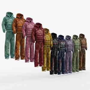 Conjunto de Sudadera con Capucha y Pantalones Deportivos Casuales con Cierre, Estilo Vintage, Lavado, Cómodo y Elegante, de Algodón y Poliéster - Product Image 1