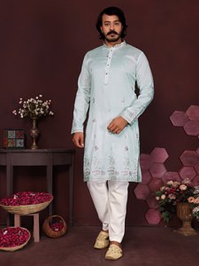 Elegante Conjunto de Kurta y Pijama de Seda con Bordado y Lentejuelas para Festivales, Bodas y Fiestas, Traje Étnico Masculino - Product Image 5