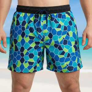 Traje de Baño para Hombre, Estampado Geométrico, Secado Rápido, Cintura Media, Cordón Ajustable, Shorts Casuales, 100% Poliéster, Tejido de Punto - Product Image 1