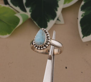 Bague de mariage en larimar naturel de forme fantaisie, argent sterling 925, pierre bleue authentique, bijoux artisanaux classiques - Product Image 1