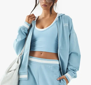Sudadera con Capucha Azul Claro para Mujer con Logotipo Personalizado Bordado, Diseño de Hombros Caídos en Contraste, Antiarrugas y Transpirable, Puños Acanalados - Product Image 1