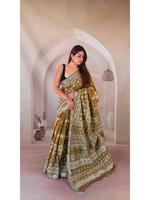 Saree Linen Cetak Blok Tangan Desain Baru dengan Blus, Pewarna Alami, Saree India Buatan Tangan, Kain Buatan Tangan Murni, Bebas Bahan Kimia