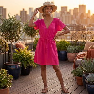Robe courte rose en rayonne tissée, col en V, coupe trapèze, longueur genou, style bohème, décontractée d'été, coupe régulière, respirante, avec lien à nouer, couleur unie - Product Image 4