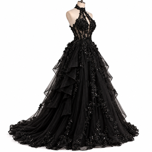 Vestido de Noche Negro Halter de Encaje y Satén con Cintura Imperio, Adornado con Cuentas y Flores, Largo hasta el Suelo, Corte A, Maxi Vestido sin Espalda para Banquete de Boda - Product Image 1