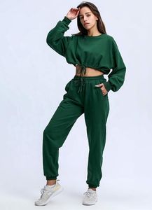 เสื้อสเวตเชิ้ตครอปสีน้ำเงินกรมท่าสำหรับผู้หญิง แขนยาว คอกลมทรงโอเวอร์ไซส์ สีพื้น ผ้าถักจากผ้าฝ้าย สำหรับใส่ในฤดูใบไม้ร่วง - Product Image 3