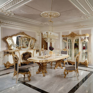 Juego de Muebles de Comedor de Lujo en Blanco y Dorado, Mesa Tallada de Estilo Europeo Clásico, Sillas de Tela Gris, Vitrina de Vidrio - Product Image 6