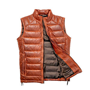 Men's <b>Brown</b> Genuine Leather Stand Collar Puffer <b>Vest</b> With Zipper Closure Windproof Casual Winter Outerwear - Product Image 1