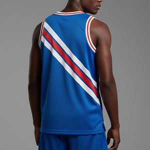 Custom Sublimated Men's Basketball Jersey Sleeveless Blue <b>Red</b> White Striped <b>Mesh</b> Breathable Regular Fit V-Neck Tank <b>Top</b> - Product Image 2