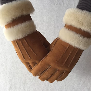 Guantes de piel de oveja color canela, hasta la muñeca, forrados de piel, térmicos, cálidos, para invierno, uso diario - Product Image 4
