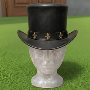 Chapeau haut-de-forme en cuir noir fait main de qualité supérieure, avec accents en laiton Fleur de Lys, style steampunk victorien gothique - Product Image 3