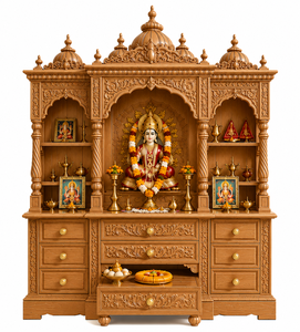 Royal Hand-Carved Teak Wood Home <b>Mandir</b> Design Big Size Floor Standing Hindu Home Temple Cabinet with Storage Drawers Puja Unit - Product Image 3