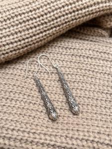 Boucles d'oreilles pendantes en laiton style tribal vintage pour femme, motif floral bohème, finition argent oxydé, bijoux délicats [Vente en gros/OEM/ODM] - Product Image 2