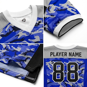 เสื้อกีฬาตาข่ายสแปนเด็กซ์พิมพ์ลายแบบกำหนดเองได้ 260GSM สีน้ำเงินลายพราง ชุดอเมริกันฟุตบอลสำหรับผู้ใหญ่ชาย แขนสั้น - Product Image 4