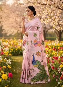 Sari de Seda Malai de Diseño Exclusivo con Blusa Elegante, Moderno y Estilizado, Última Moda India, para Fiestas, Casual, para Mujer - Product Image 2