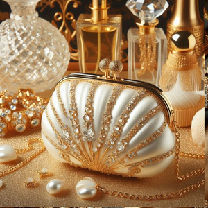 Pochette blanche nacrée en forme de coquille avec rayons de cristal dorés. Éthéré et élégant. Disponible aux prix de gros. - Product Image 1