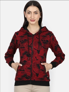 Sudadera con Capucha y Cremallera para Mujer, Estampado Floral Rojo, Corte Regular, Tejido de Poliéster, Estilo Otoñal - Product Image 6