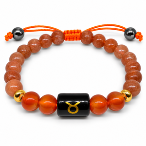 Pulsera de Cristal Premium del Zodiaco Tauro con Cuentas de Piedra del Sol, Patrón de Cabeza de Toro y Etiqueta de Cobre con Símbolo Sánscrito - Product Image 3
