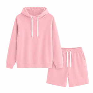 Ensemble de survêtement décontracté deux pièces en coton respirant pour femme, avec sweat à capuche et short, idéal pour l'entraînement et le sport, en maille respirante - Product Image 2