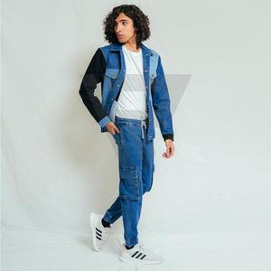 Jean cargo bleu coupe droite pour homme, style urbain, finition colorée effet usé, taille haute, coupe ample, grandes poches, logo personnalisé - Product Image 3