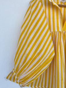 Women Formal Summer Yellow <b>White</b> Striped Print Shirt with Ruffle Neck <b>Balloon</b> Sleeves Gathered Flared Hem Top 100% Cotton - Product Image 3
