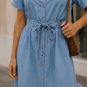Vestido Camisero de Chambray con Cinturón, Manga Corta, Maxi, Casual, Verano, Cuello con Solapa, Dobladillo Recto, Corte Holgado - Product Image 3