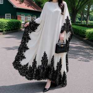 White Black Lace Polyester Loose Fit New Vision <b>Kaftan</b> Dress <b>Women</b> Adults Designer Embroidered Maxi Modest Arabic Prayer Islamic - Product Image 3