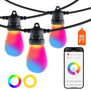 Luci a stringa RGB da esterno da 15 m, 15 lampadine, controllo tramite APP, corpo in plastica, luce bianca, luminosità regolabile, timer integrato - Product Image 1