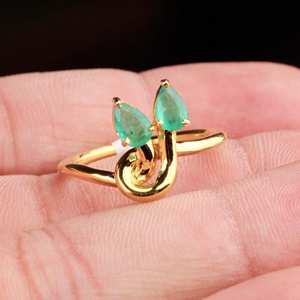 Wholesale 925 Sterling <b>Silver</b> Yellow Gold Plated Natural Pear Green <b>Emerald</b> Two Stone Bypass <b>Ring</b> Memoria Jewels - Product Image 5