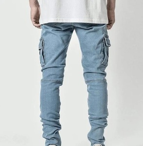 Pantalones de mezclilla ajustados para hombre, estilo cargo, elásticos, con cremallera, para trabajo, lavados, de corte slim, ropa masculina - Product Image 2