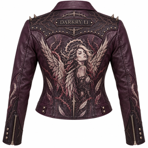 Deep Purple <b>Women</b> Genuine Leather Biker Jacket Custom Thorn Angel Graphic Printed Western Yoke Spiked Outerwear Supplier - Product Image 2