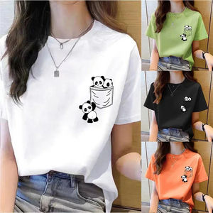 Camiseta de manga corta para mujer, novedad de verano, con bolsillo, estampado de panda de dibujos animados, estilo coreano, holgada, con cuello redondo - Product Image 2
