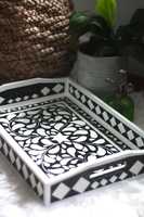 Plateau de service carré de luxe écologique en os incrusté pour ottoman et table basse, plateau décoratif fait main d'Inde