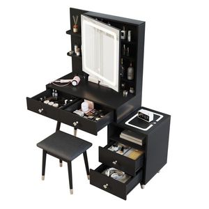 Solid Wood <b>Makeup</b> Vanities 4 Drawers 2 Layer Shelf <b>Mirror</b> Cabinet-Pitted Particle Board Melamine Paste Copper Sheath Decoration - Product Image 6