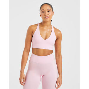Ensemble de leggings et soutien-gorge de sport réversibles de haute qualité pour femmes, couleur rose unie, logo personnalisé, taille plus, vente en gros, équipement de yoga pour femmes - Product Image 3
