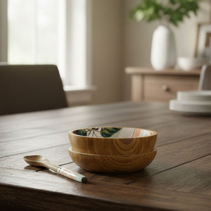 Handcrafted Eco-Friendly Wooden Daisy Mosaic Bowl Spoon Set with Modern Floral Design Plastic-Free Packaging for Business <b>Gifts</b> - Product Image 1