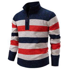 Pull tricoté rayé à col zippé 1/4, manches longues, coupe classique, en acrylique – Meilleure vente automne - Product Image 2