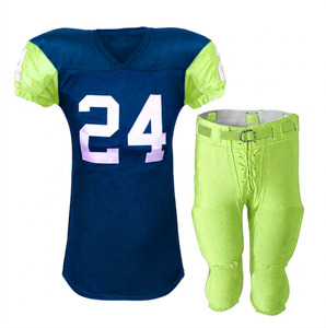 Custom Made American Football Jersey Set Men's Adult Blue <b>Green</b> <b>Silk</b> Screen Printing Breathable Polyester Uniform - Product Image 1