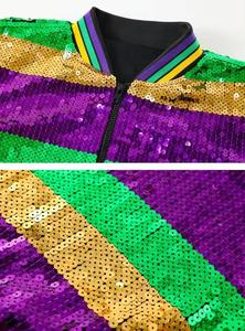 <b>Men's</b> <b>Sequined</b> Varsity <b>Jacket</b> Purple Green Gold Striped Zipper Front Casual Spring Wear Regular Fit Turn-down Collar - Product Image 5