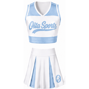 Ensemble d'uniformes de cheerleading sublimés blanc et bleu clair sans manches – Haut et jupe athlétiques pour équipe – Tenue de sport pour entraînement et performance - Product Image 1
