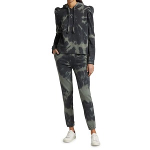Sudadera con capucha personalizada para mujer, con hombros abullonados, de algodón French Terry, con efecto tie-dye en espiral, color verde oliva, ajustada, OEM al por mayor - Product Image 2