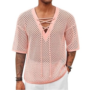 Camisetas de malla transparente para hombre, camisetas interiores de seda helada, camisetas básicas transparentes, camisetas sexys para fitness y culturismo, camiseta rosa con hombros caídos - Product Image 6