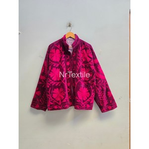 เสื้อแจ็คเก็ตกำมะหยี่สีชมพูร้อนแรง ปักลายดอกไม้สไตล์ซูซานี เสื้อโค้ทโบโฮชิค ซับในผ้าฝ้าย - Product Image 3