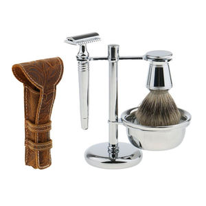 Ensemble de rasage classique 3 pièces pour homme avec manche en acier inoxydable professionnel et poils de blaireau pur personnalisés - Product Image 2